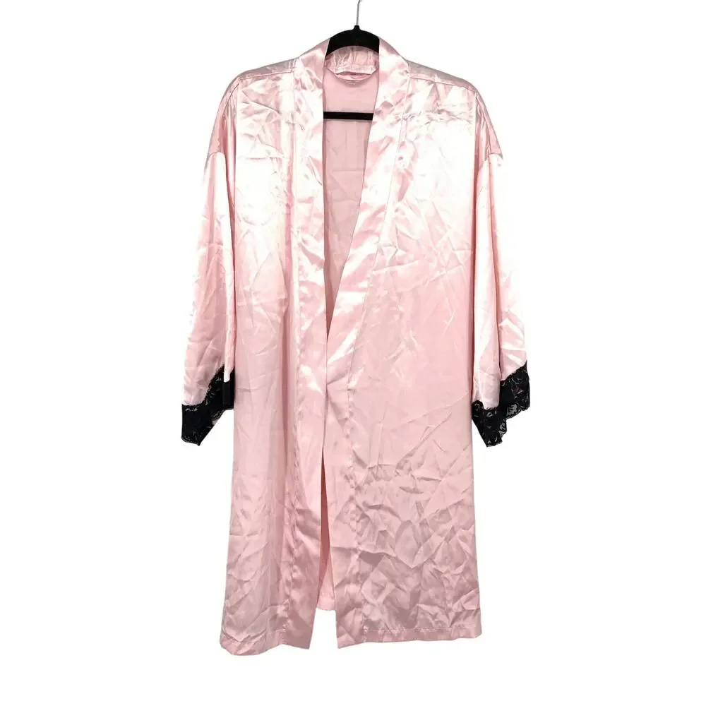 Victorias Secret Robe Tie Waist Womens Size XL Pink Satin Black Lace